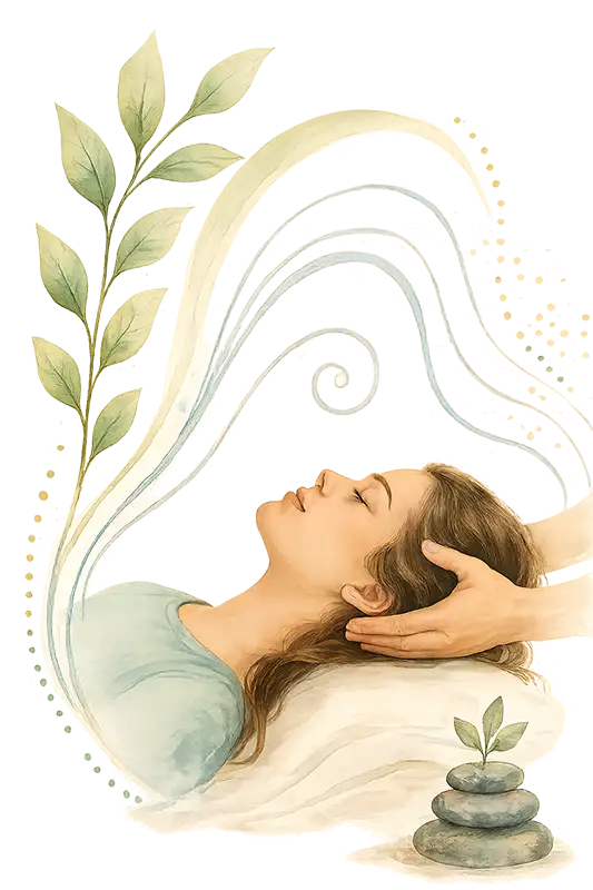 Watercolor-style illustration of a biodynamic craniosacral therapy session with gentle hands supporting a relaxed woman’s head, surrounded by calming natural elements and flowing abstract shapes.