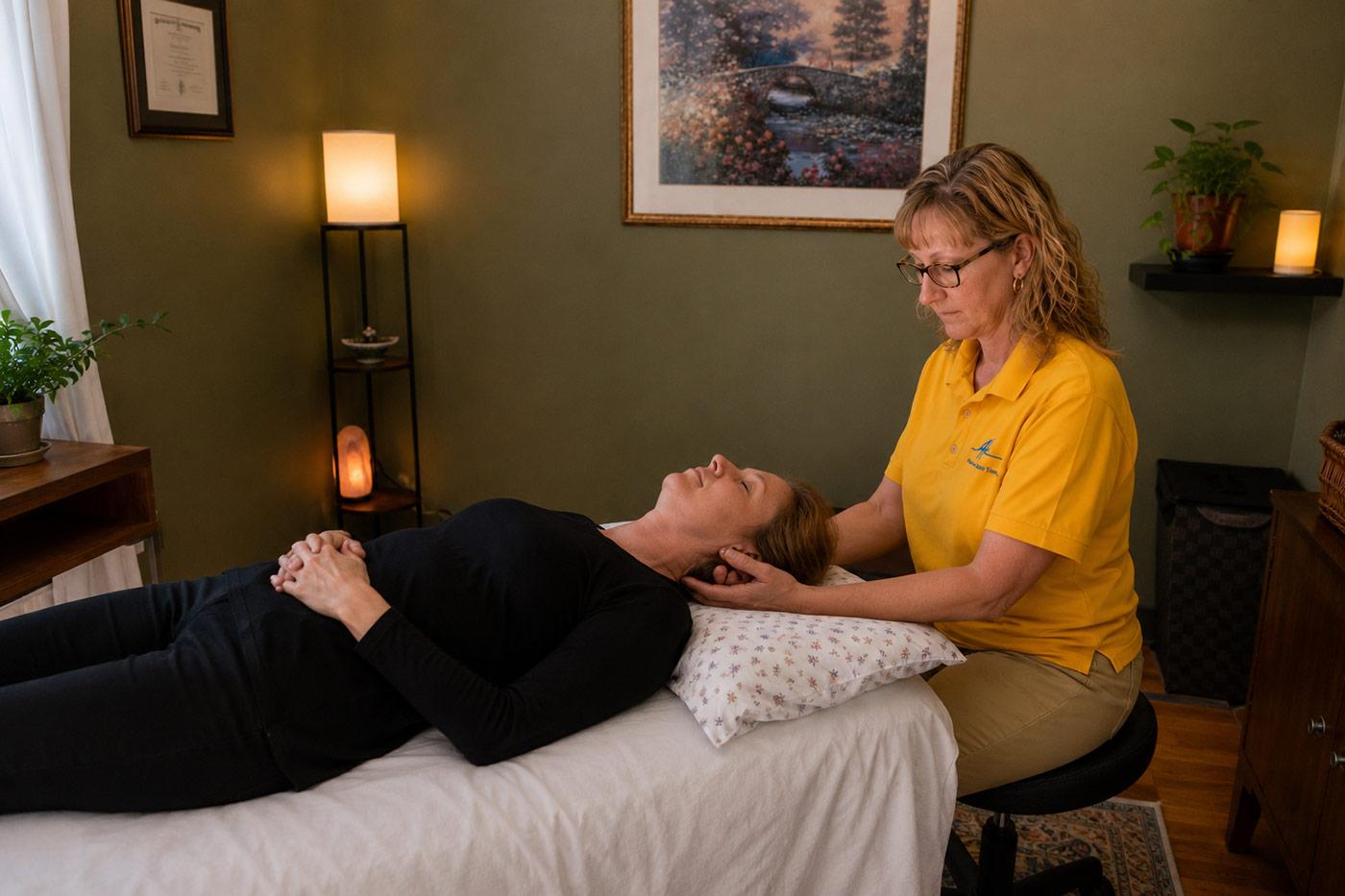 A biodynamic craniosacral therapy practitioner gently supports a client’s head during a relaxing session in a warm, softly lit therapy room.