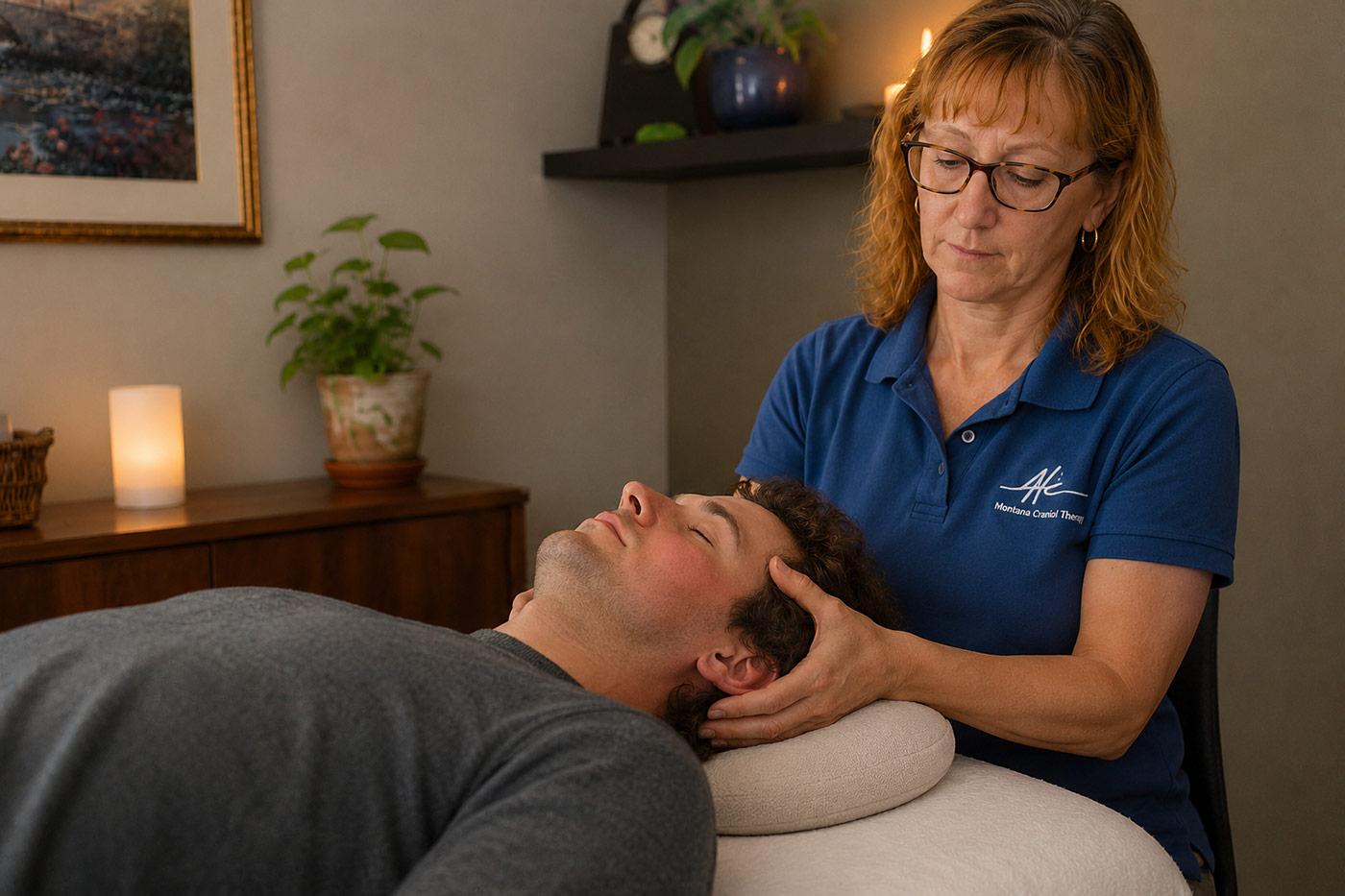 A biodynamic craniosacral therapy practitioner gently supports a client’s head during a calming trauma recovery session in a warm, softly lit therapy room.